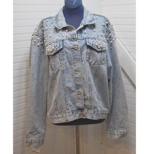 David's Bridal "Wifey" denim jacket Womens 2XL Embellished Pearl Rhinestone NWT